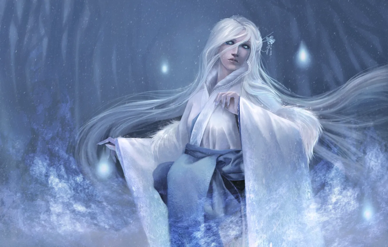 Photo wallpaper girl, trees, hair, frost, Yuki-Onna
