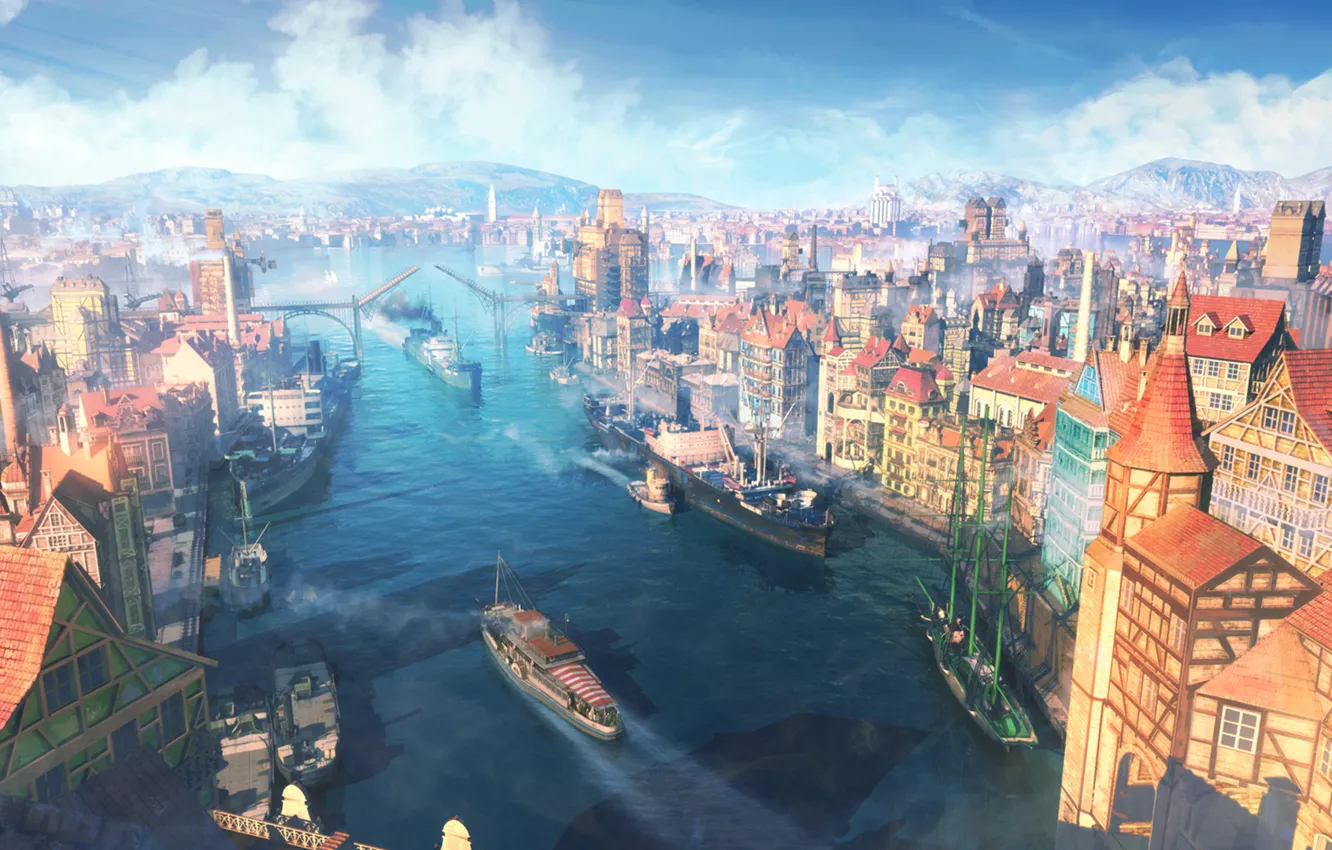 Photo wallpaper the sky, clouds, landscape, the city, river, boat, ship, home