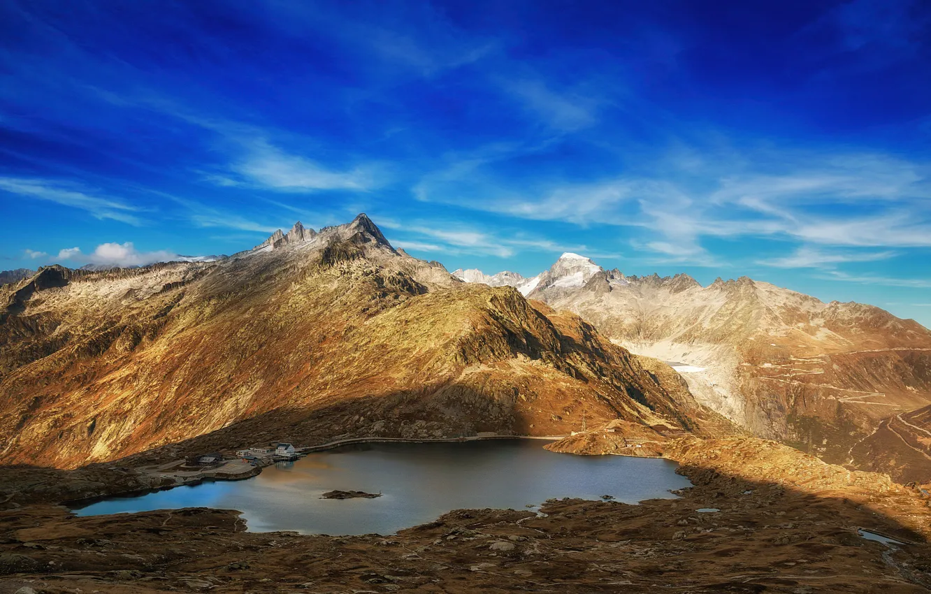 Photo wallpaper the sky, mountains, lake