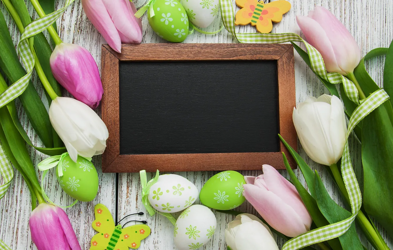 Photo wallpaper flowers, eggs, spring, colorful, Easter, tulips, wood, pink