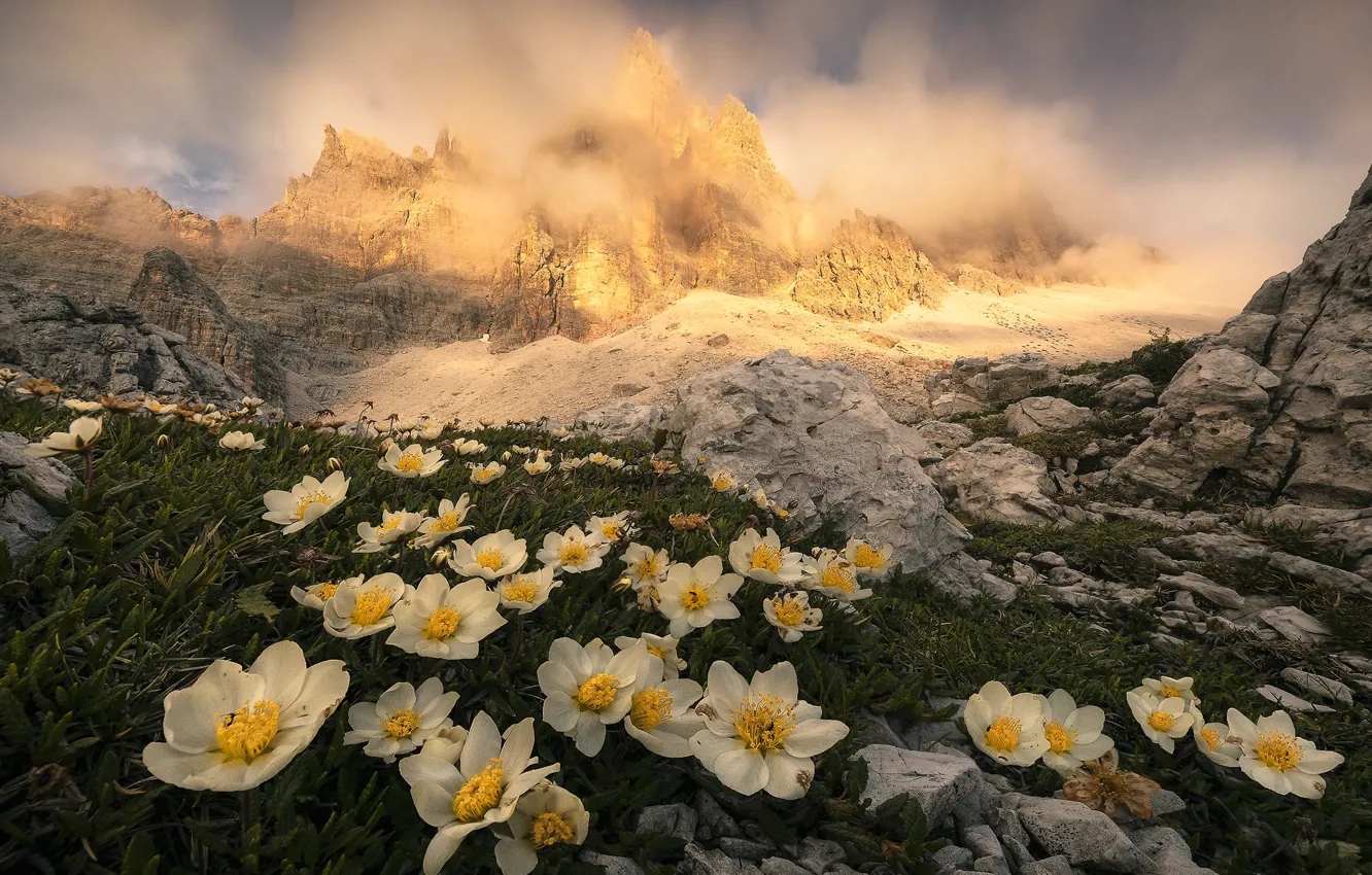 Photo wallpaper clouds, landscape, sunset, flowers, mountains, nature, stones, Italy