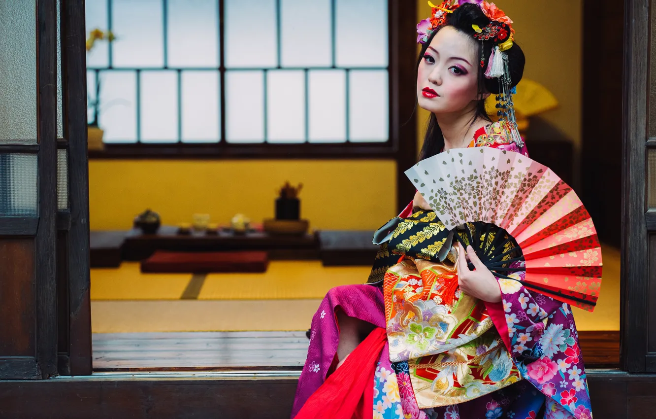 Photo wallpaper fan, geisha, Japan, tea ceremony