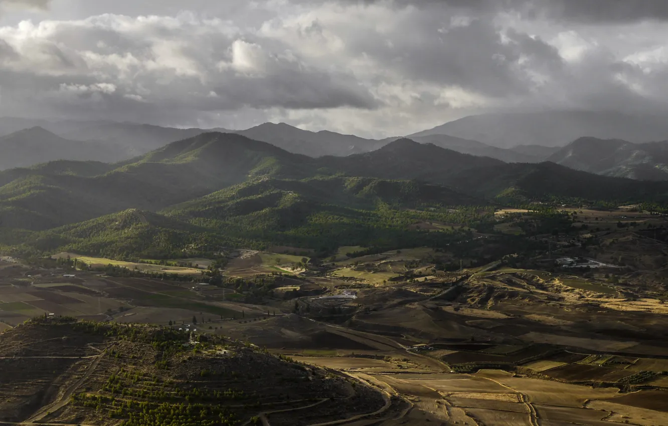 Photo wallpaper forest, mountains, clouds, nature