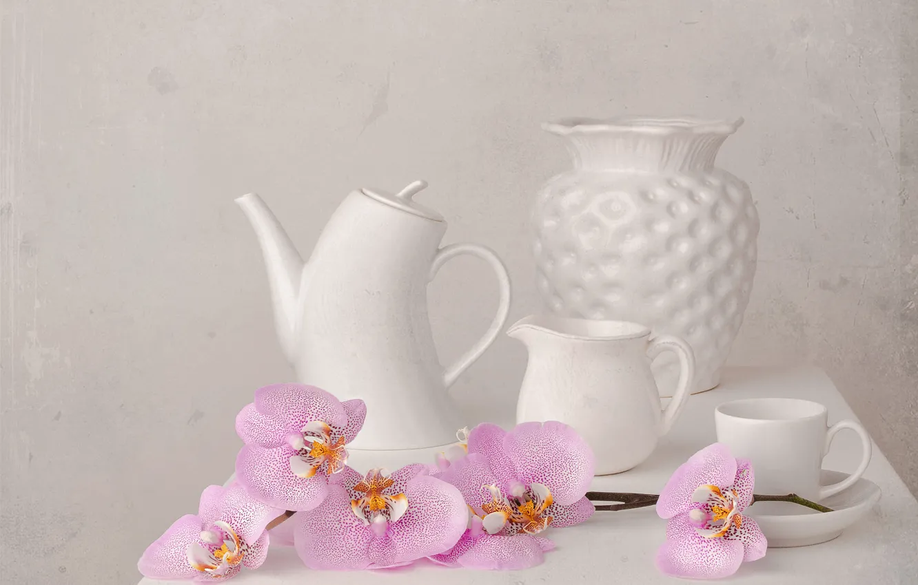 Photo wallpaper flowers, dishes, still life, orchids