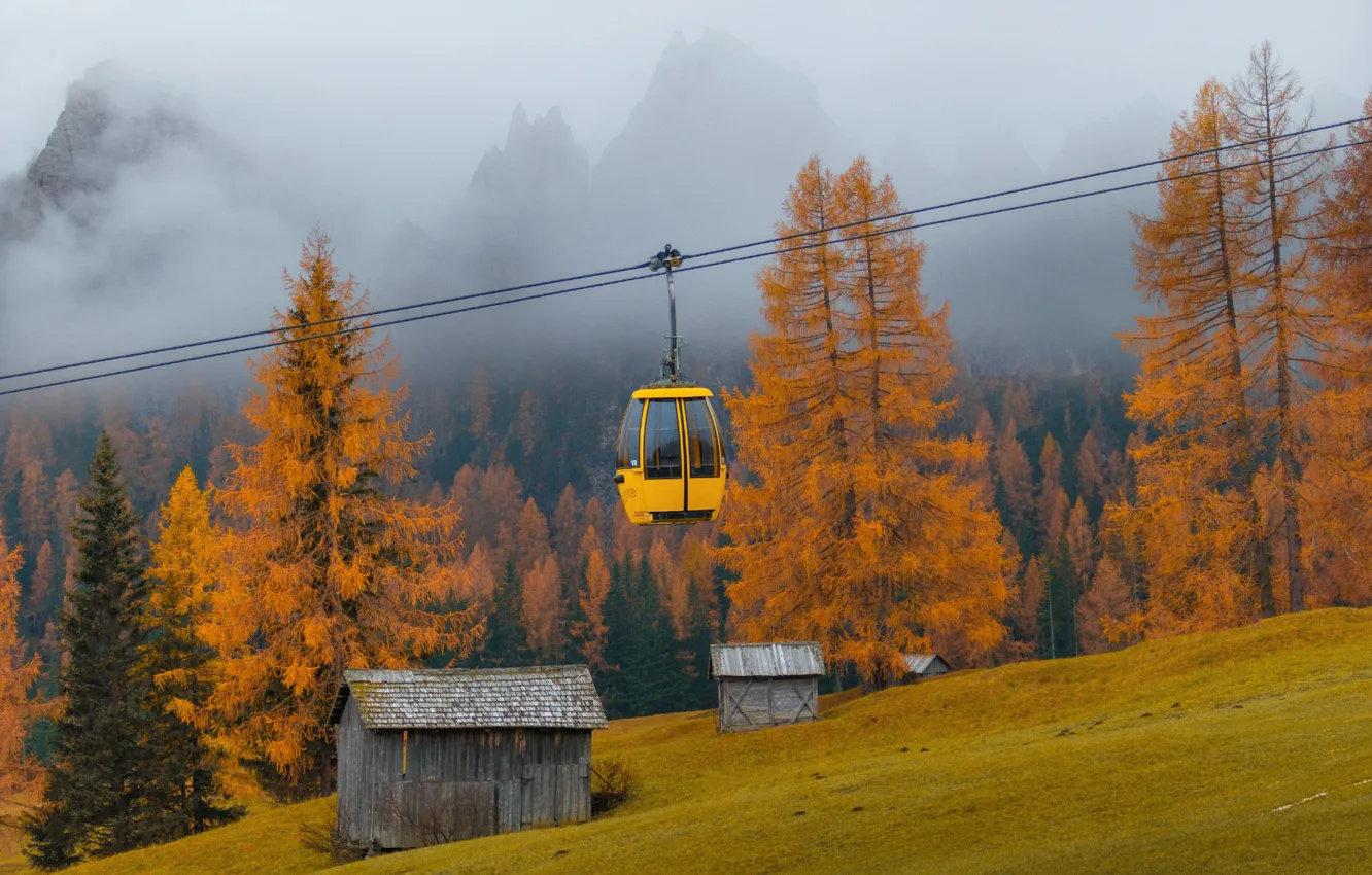 Photo wallpaper autumn, mountains, house, cable car
