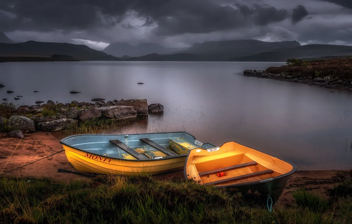 Photo wallpaper lake, shore, boats
