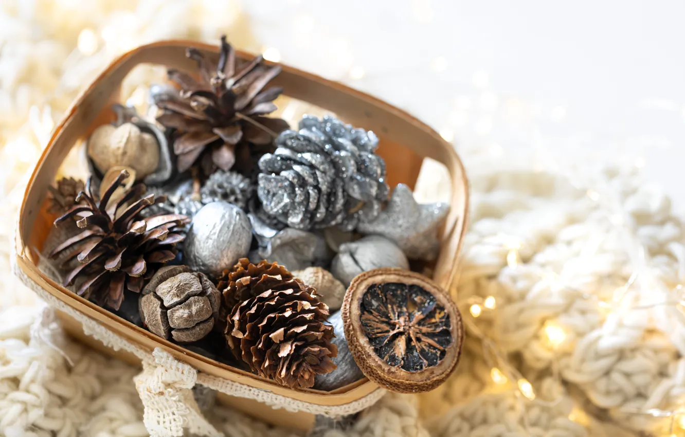 Photo wallpaper light, comfort, holiday, silver, new year, Christmas, nuts, garland