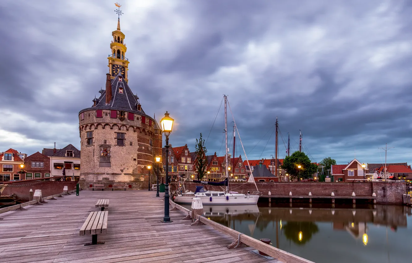 Photo wallpaper Marina, tower, lights, Netherlands, Hoorn
