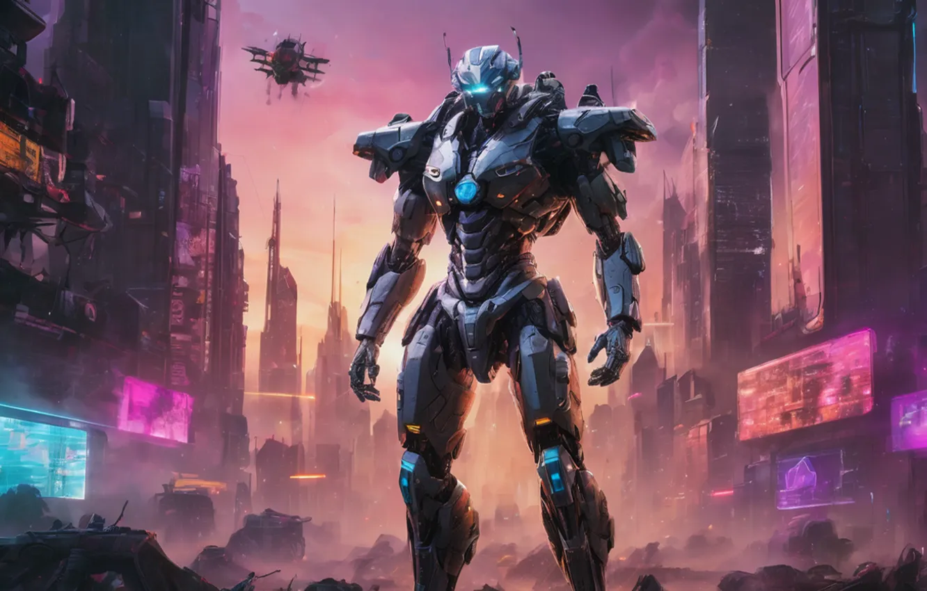 Photo wallpaper robot, sky, sunset, building, cyborg, standing, futuristic, technology