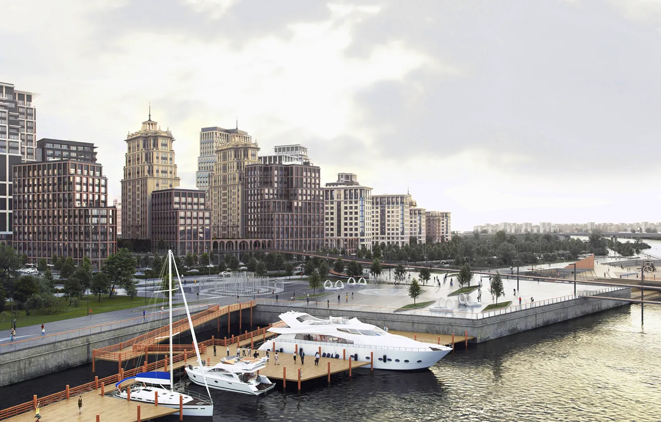 Photo wallpaper transport, building, pier, pond, residential complex in the city of Tyumen