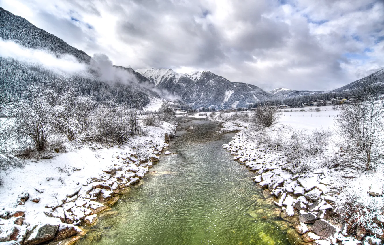 Photo wallpaper winter, forest, the sky, clouds, snow, trees, landscape, mountains