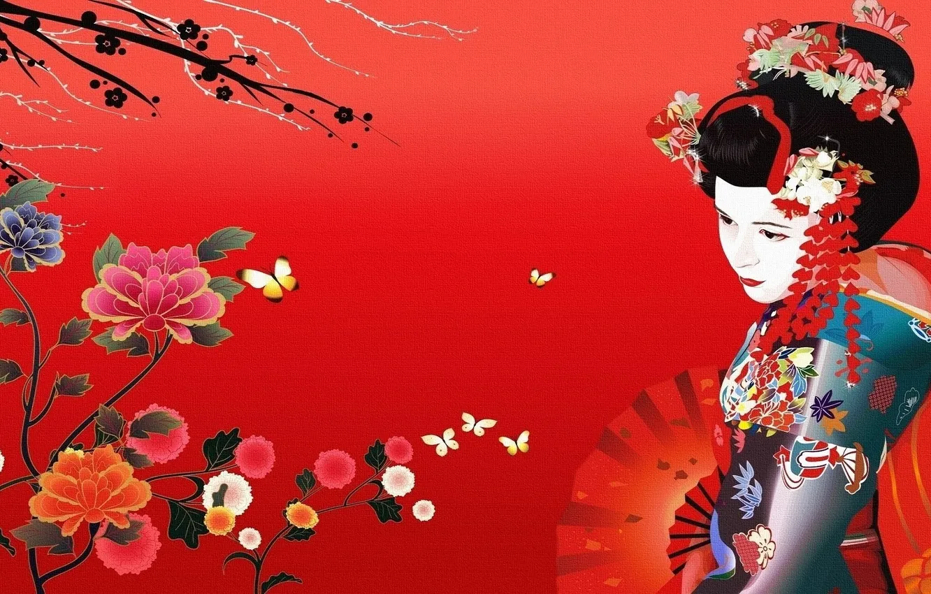 Photo wallpaper girl, flowers, fan, art