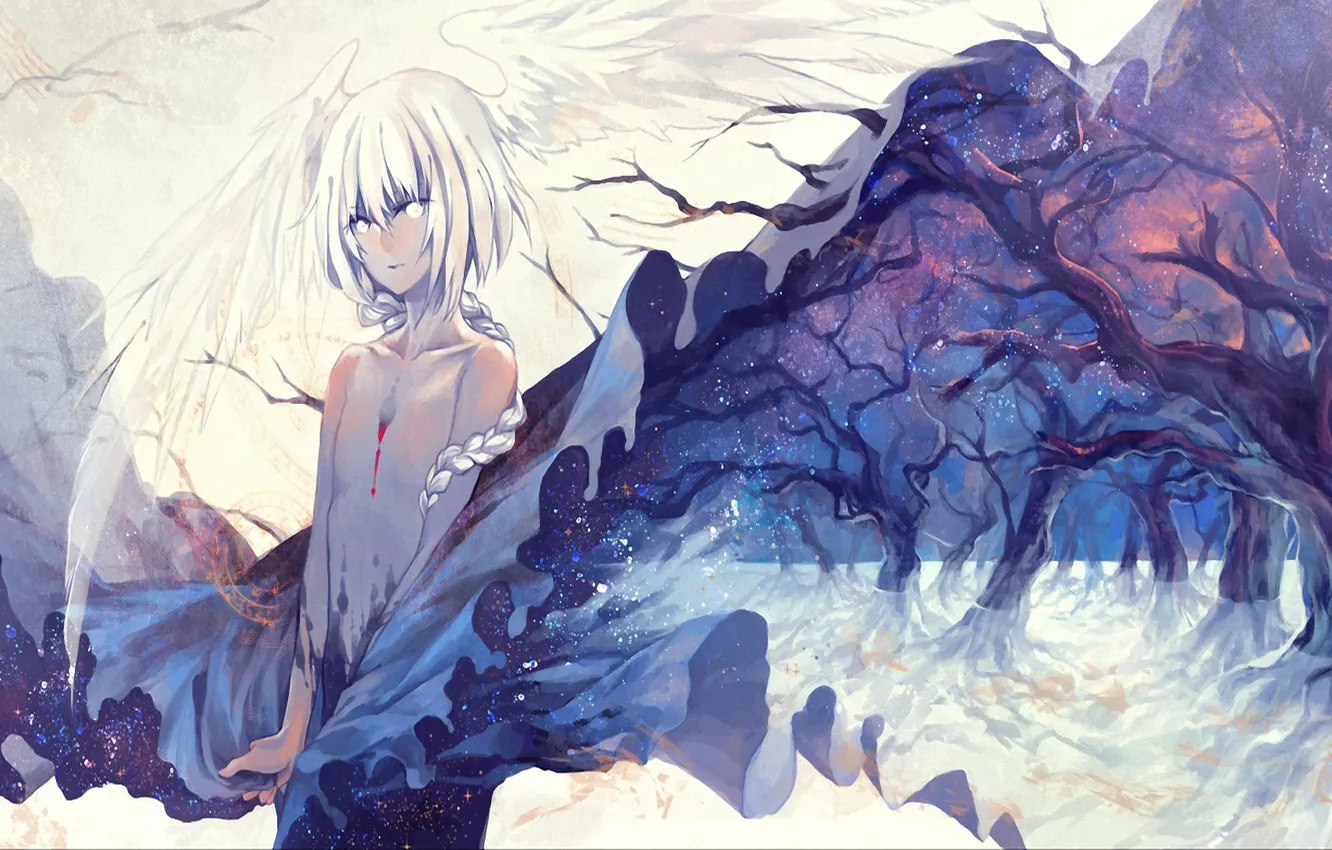 Photo wallpaper look, girl, snow, trees, blood, wings, art, fabric