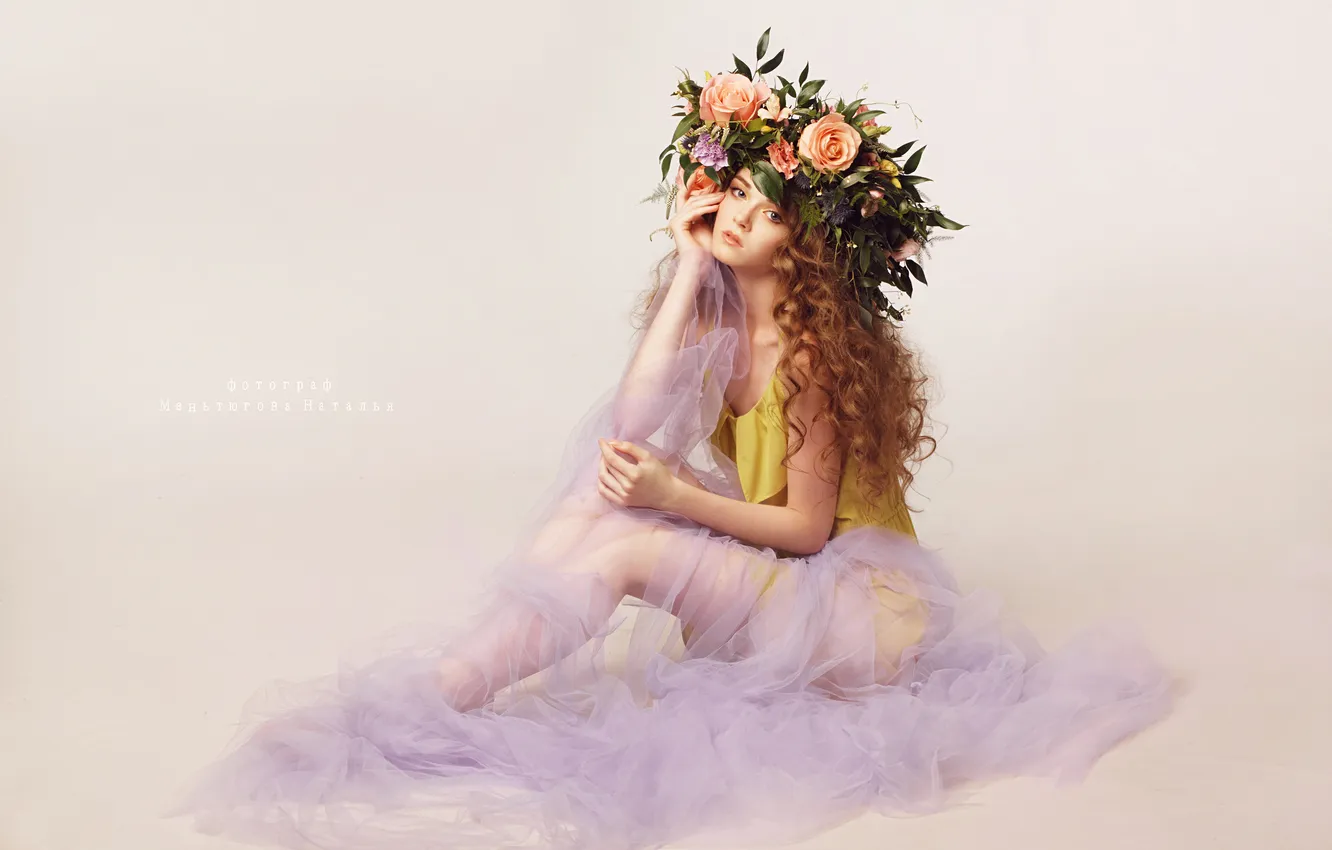 Photo wallpaper girl, flowers, background, mood, dress, red, beautiful, wreath
