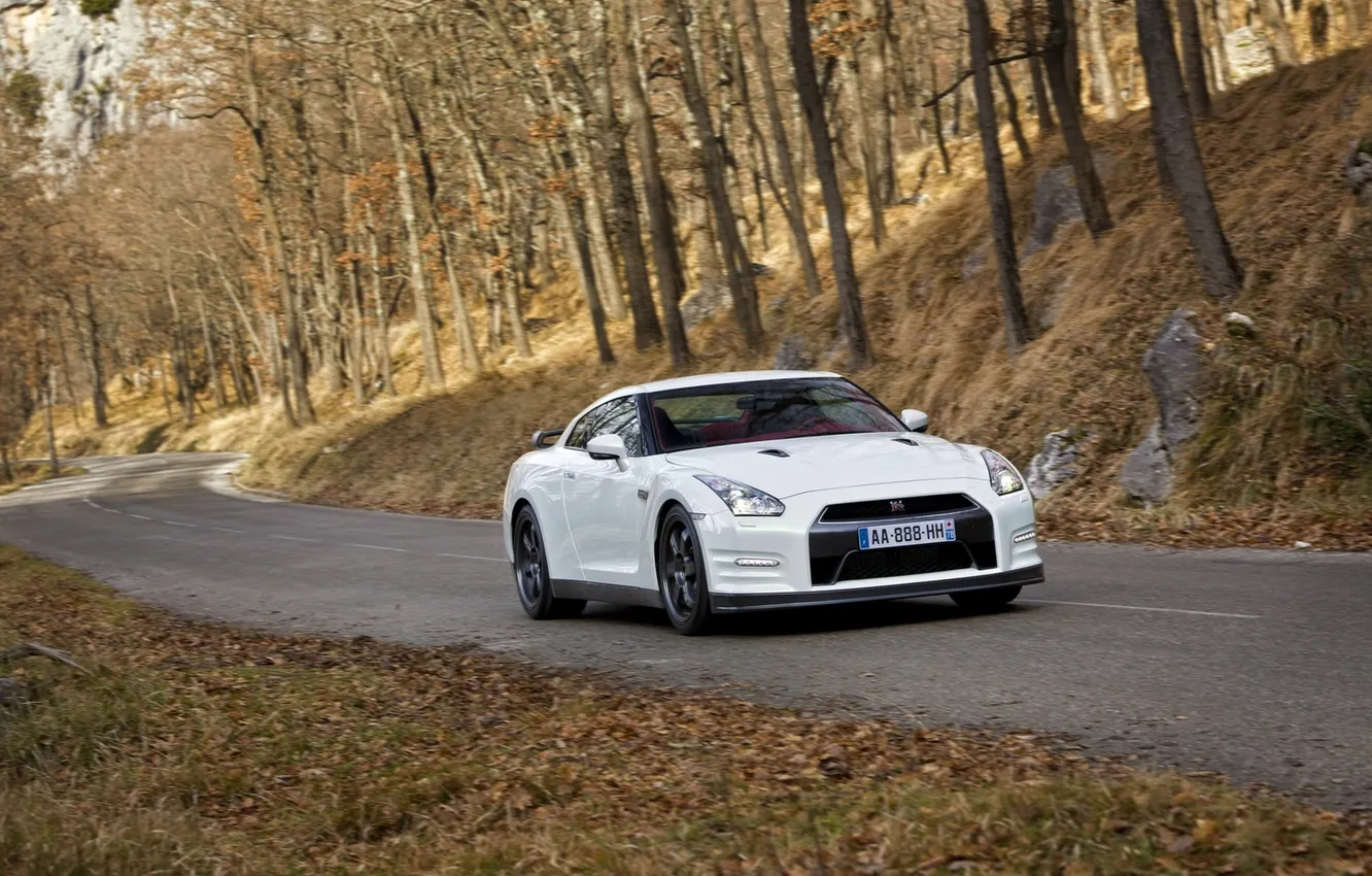 Photo wallpaper road, auto, forest, white, trees, cars, Nissan, Nissan