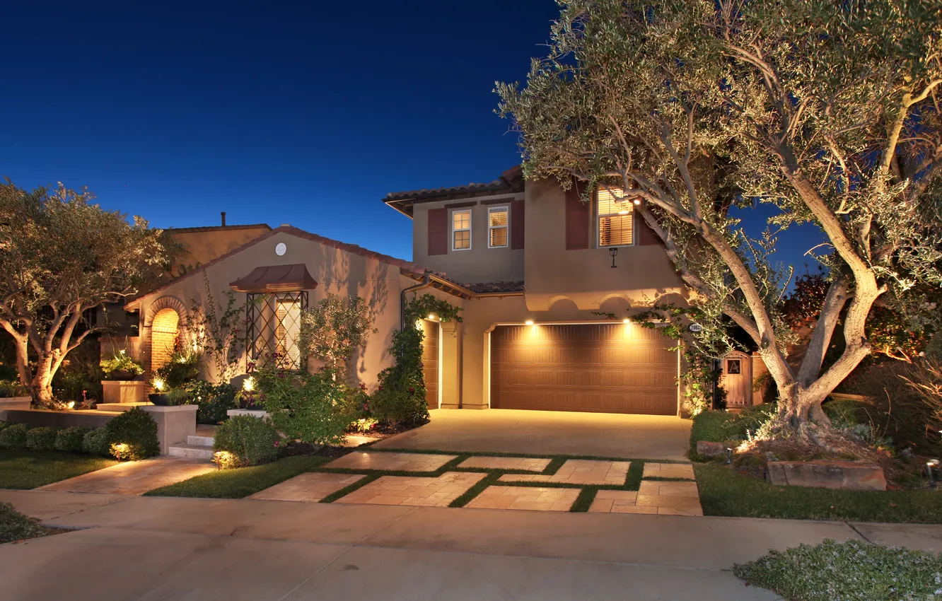 Photo wallpaper trees, night, lights, lawn, home, the sidewalk, mansion