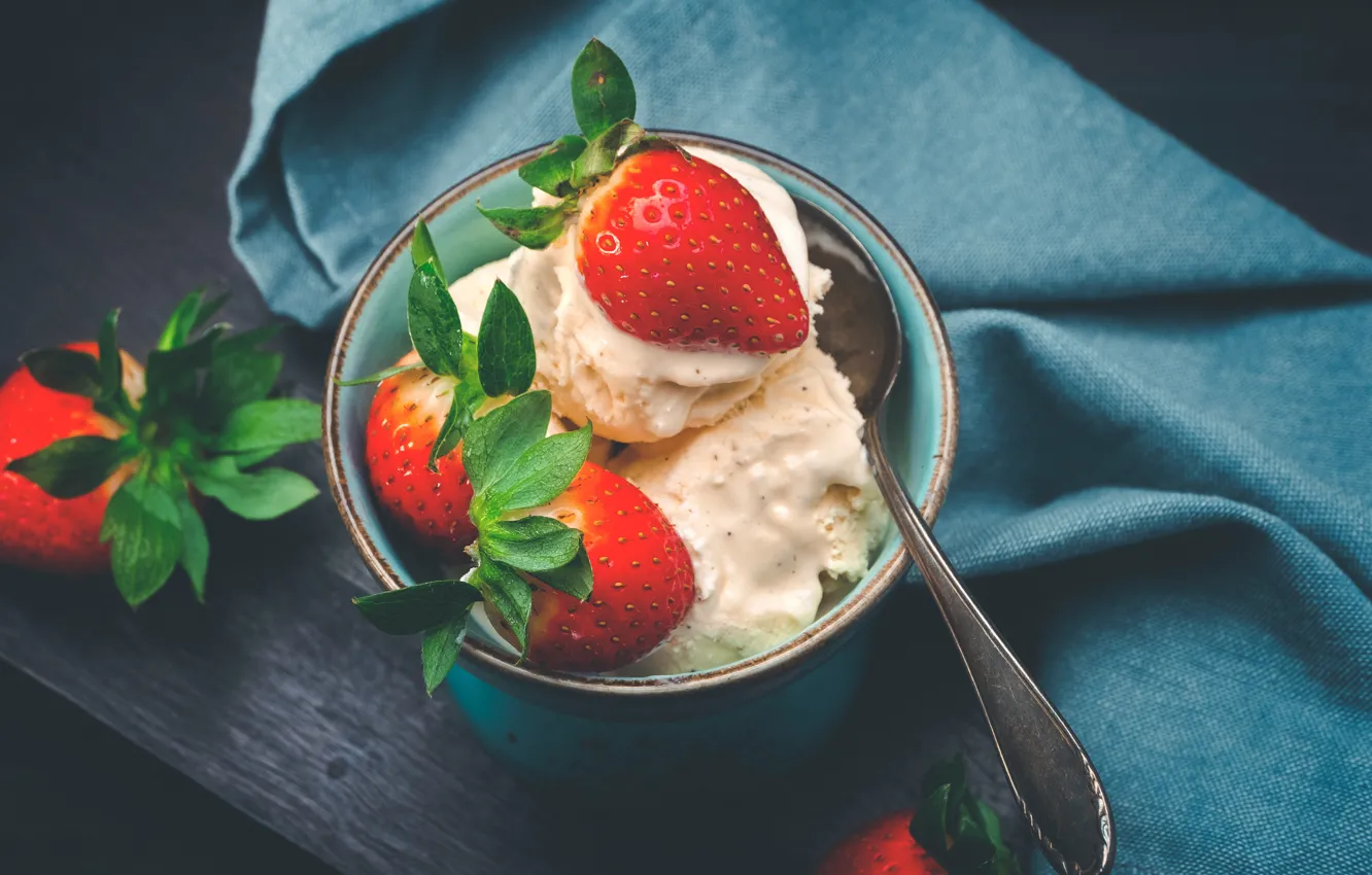 Photo wallpaper berries, strawberry, ice cream, denim fabric, berries, ice cream, strawberries, denim