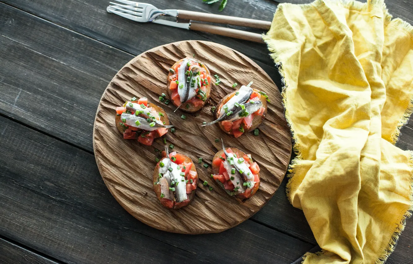 Photo wallpaper fish, bread, tomatoes, sandwiches