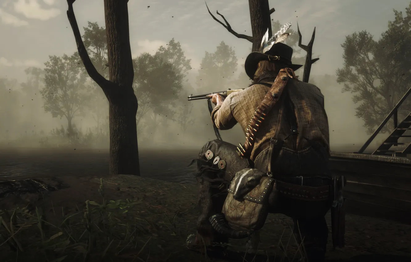 Photo wallpaper HDR, gun, game, trees, shot, mud, UHD, Red Dead Redemption 2