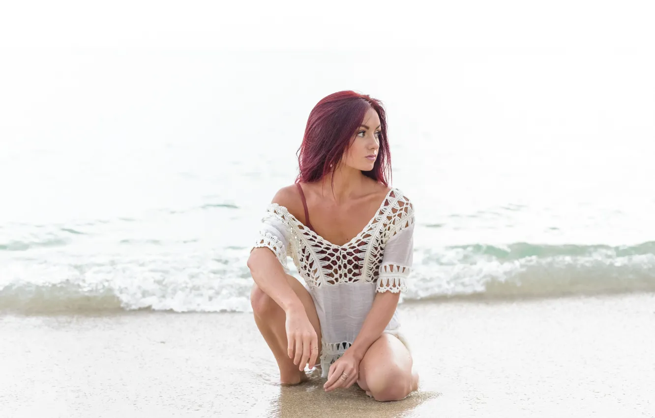 Photo wallpaper girl, beach, sand, redhead, seaside, sunlight