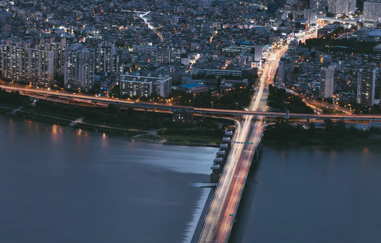 Photo wallpaper bridge, the city, river, building, road, the evening, megapolis