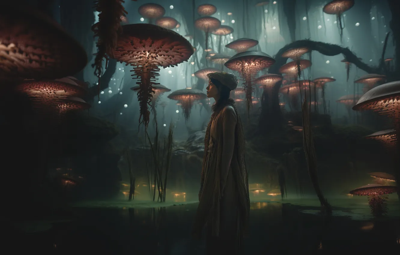 Photo wallpaper look, girl, night, nature, lights, pose, mushrooms, fantasy