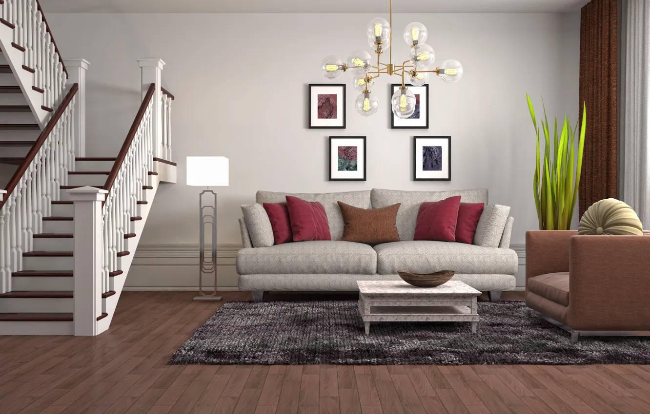 Photo wallpaper design, furniture, interior, ladder, chandelier, living room, living room