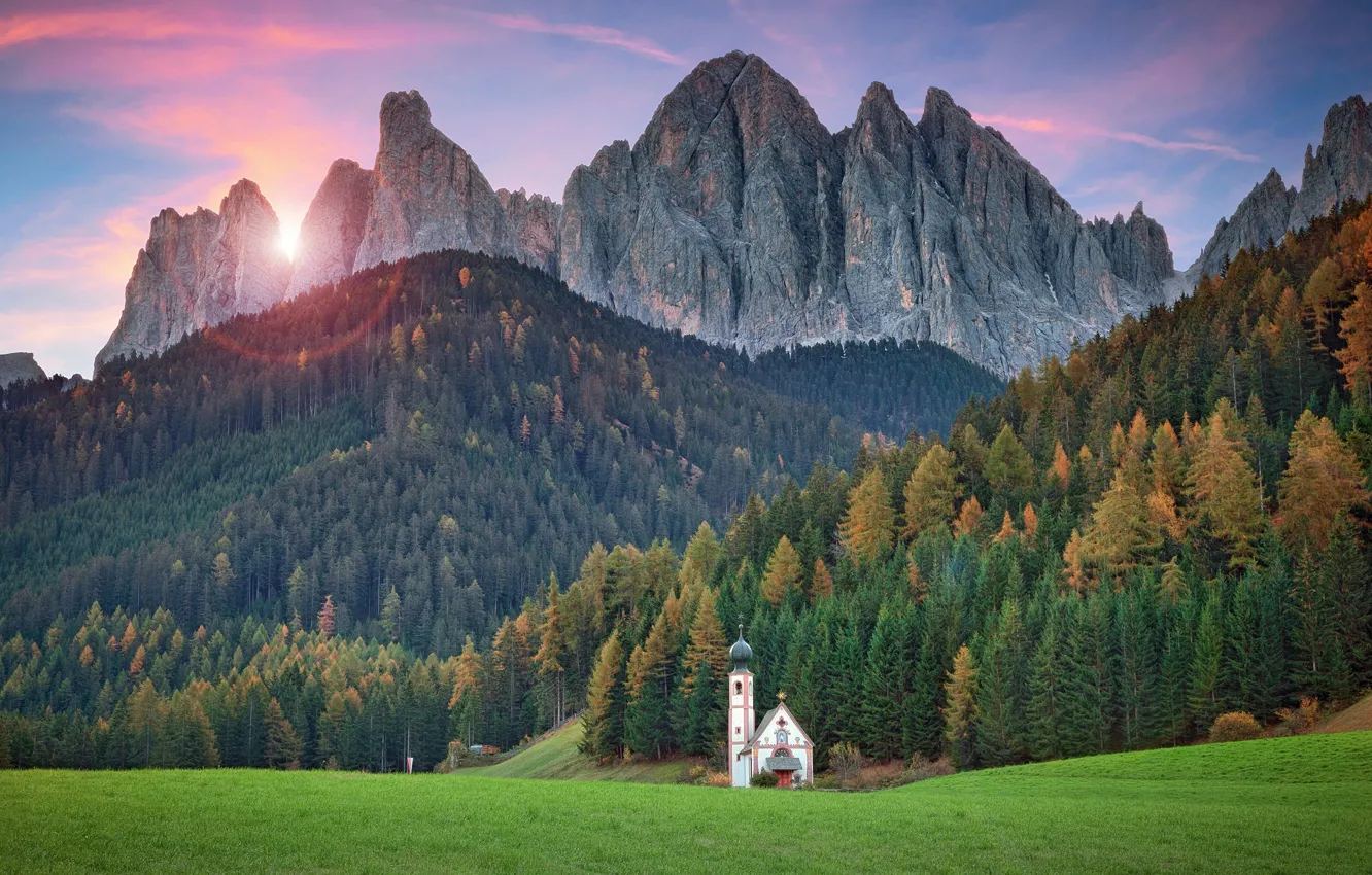 Photo wallpaper forest, mountains, Italy, Church, temple, meadows, South Tyrol, the Dolomites