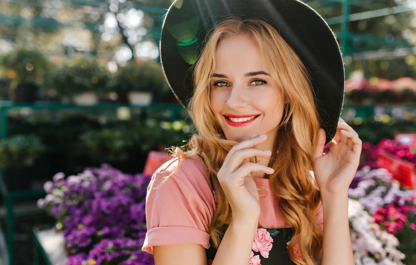 Photo wallpaper summer, girl, joy, flowers, pose, smile, portrait, bouquet