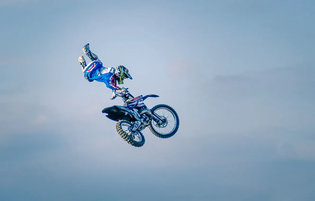 Photo wallpaper the sky, clouds, maneuver, rider, motocross, freestyle, FMX, extreme sports
