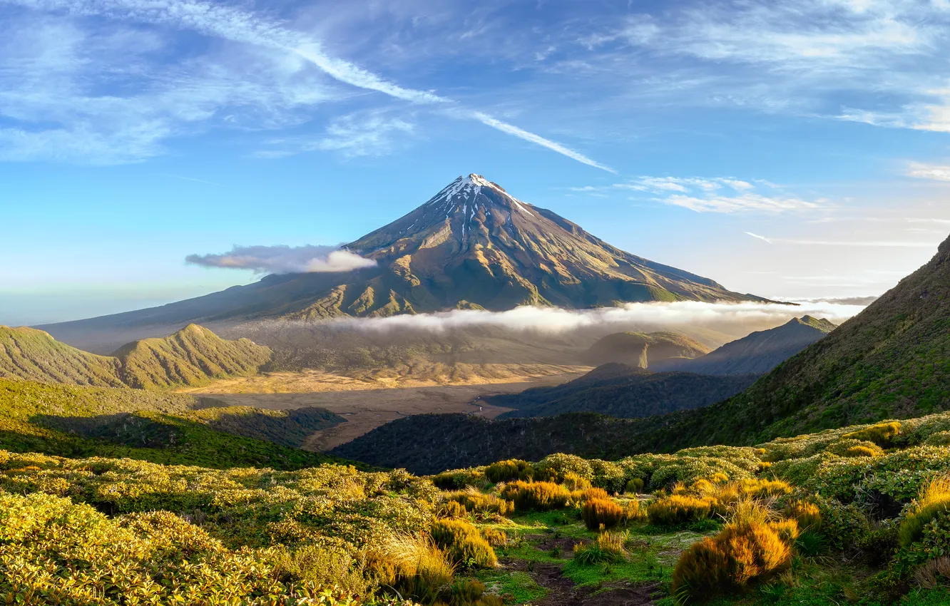Photo wallpaper grass, sky, field, landscape, New Zealand, nature, mountains, clouds