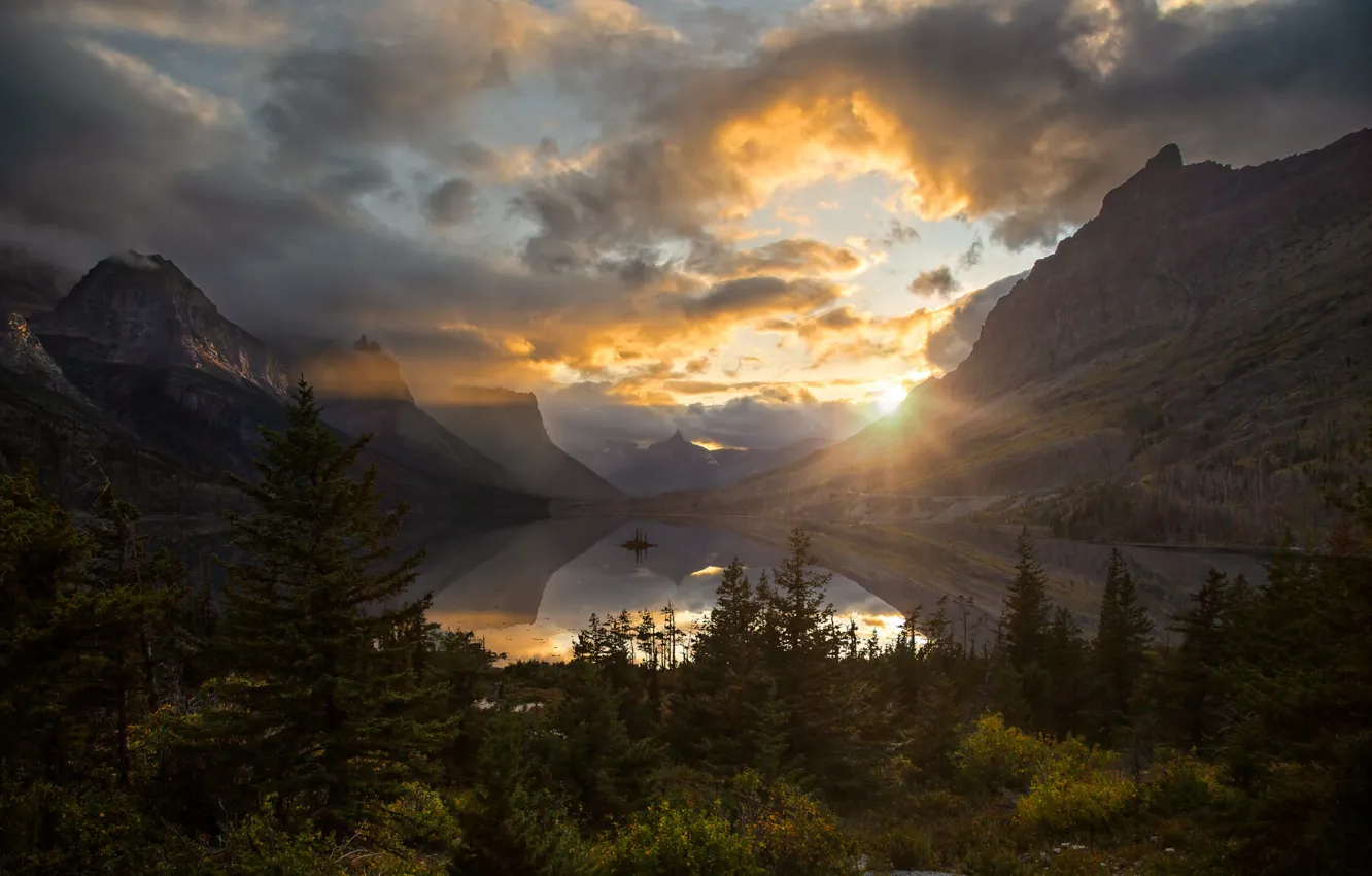 Photo wallpaper autumn, forest, the sun, clouds, sunset, mountains, fog, reflection
