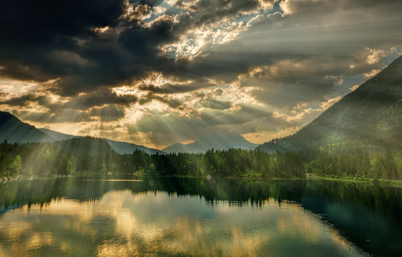 Photo wallpaper forest, clouds, rays, mountains, lake