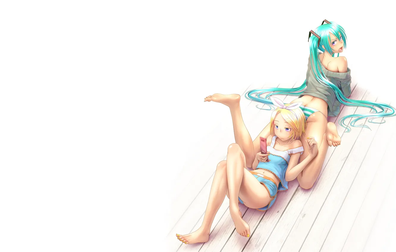 Photo wallpaper pose, the situation, Mike, hatsune miku, kagamine rin, on the floor, wokada