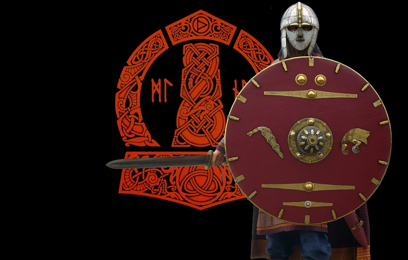 Photo wallpaper warrior, helmet, sword, sword, shield, shield, pearls, Mjollnir