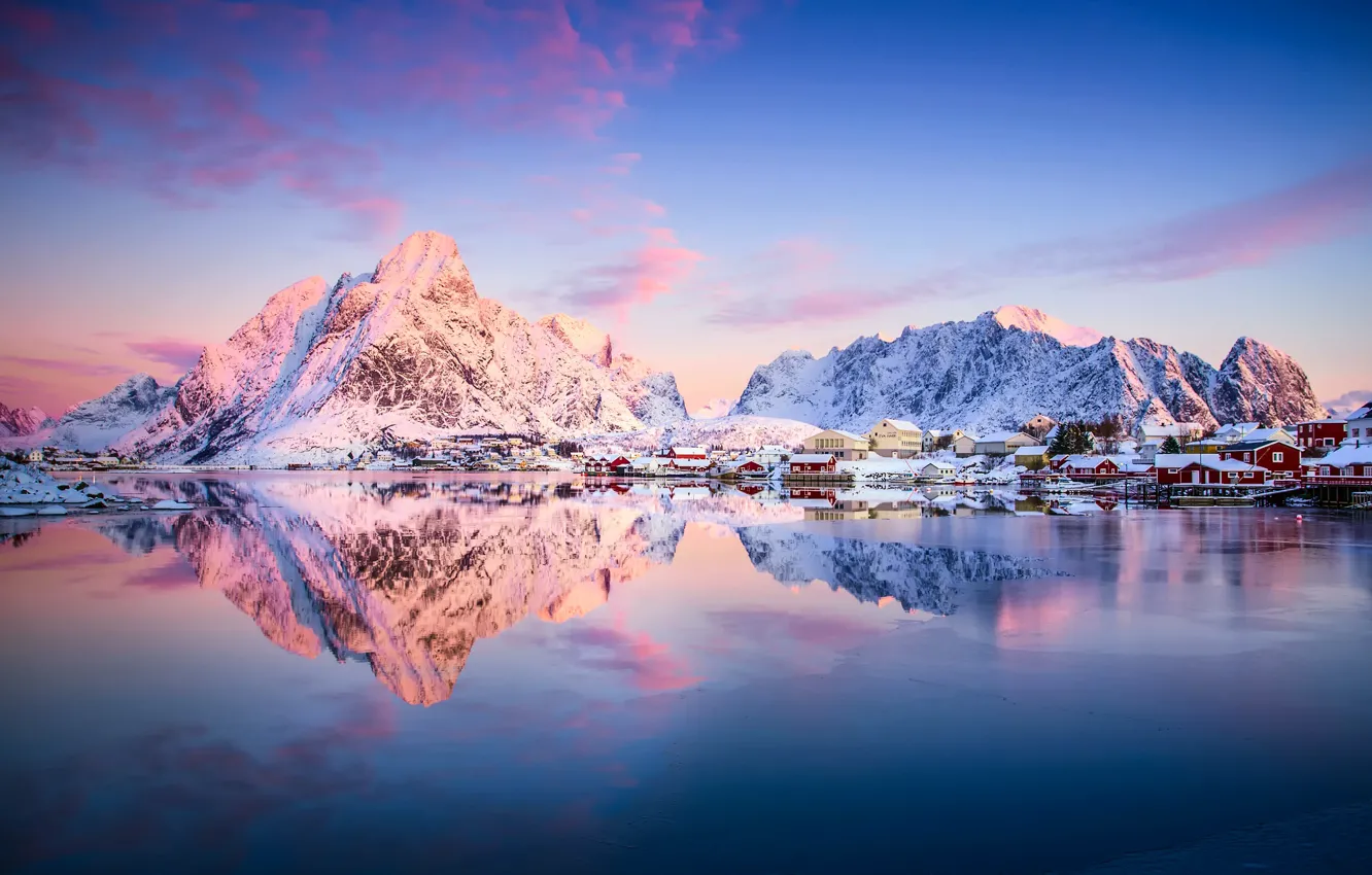 Photo wallpaper winter, snow, mountains, reflection, Norway, town, North, settlement