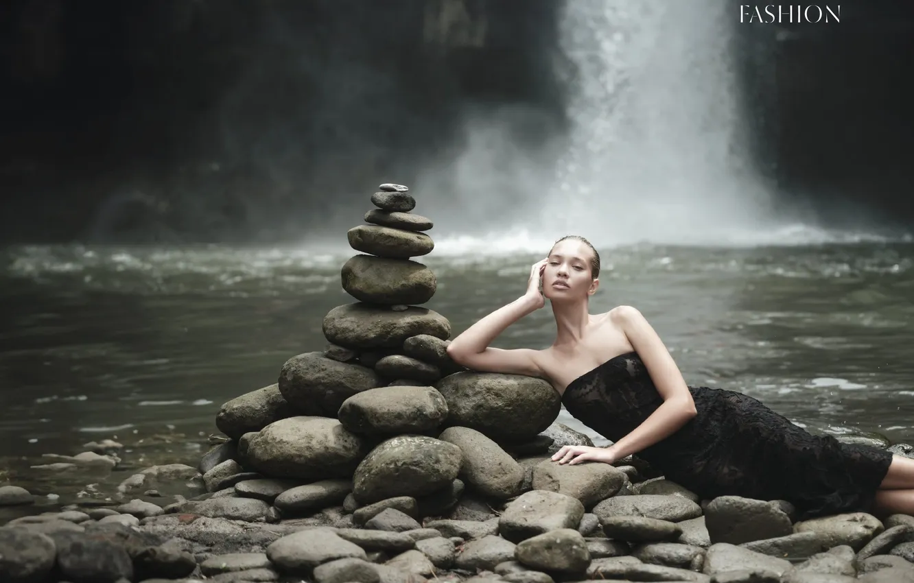Photo wallpaper river, woman, beautiful, model, stones, Charming, Olya Dmitrievskaya