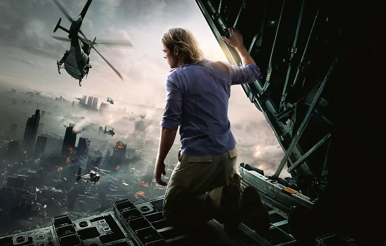 Photo wallpaper The city, Fire, Ruins, Helicopter, Brad Pitt, Brad Pitt, World war Z, World War Z