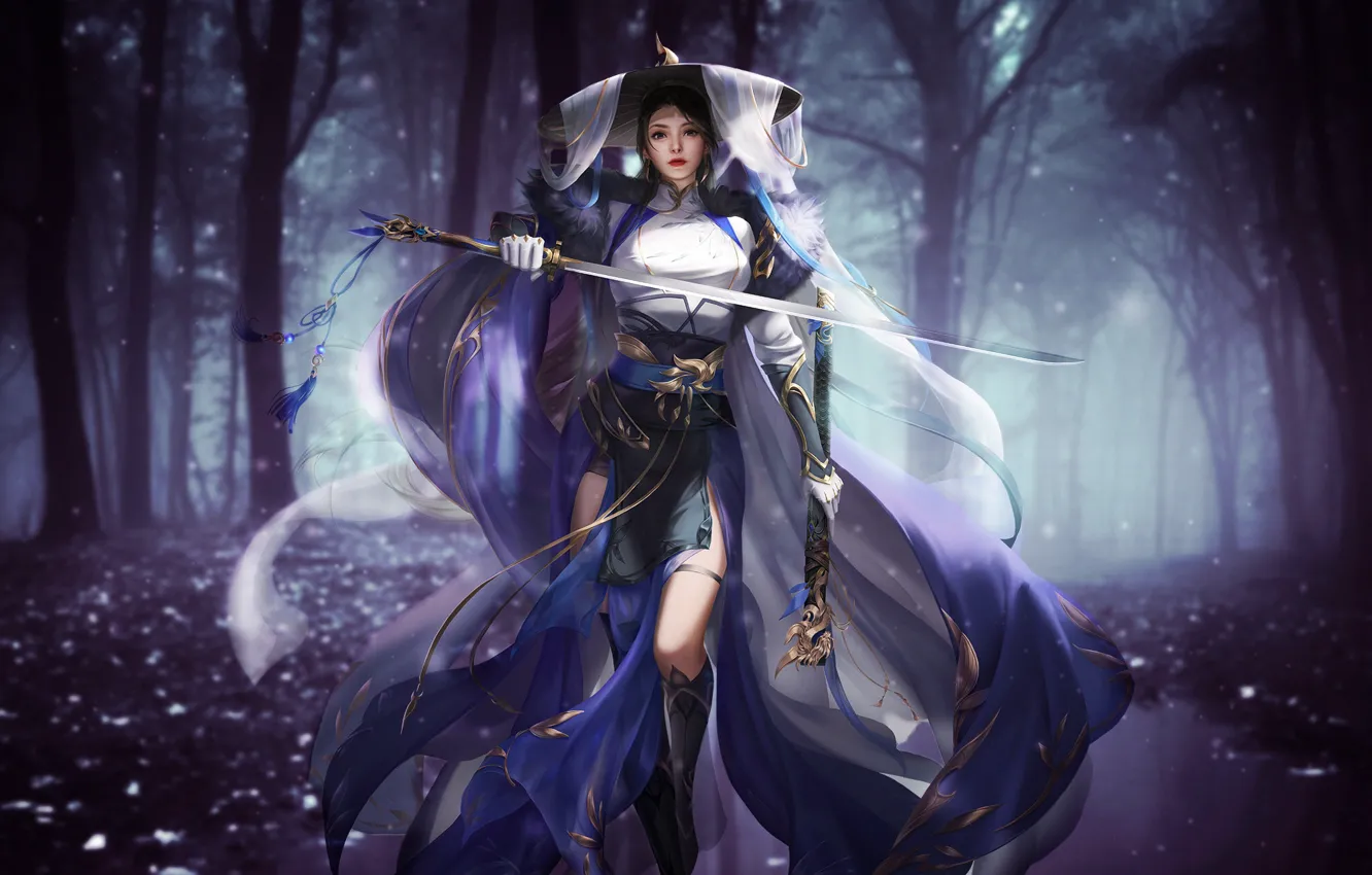 Photo wallpaper forest, girl, style, fiction, sword, blade, dress, warrior