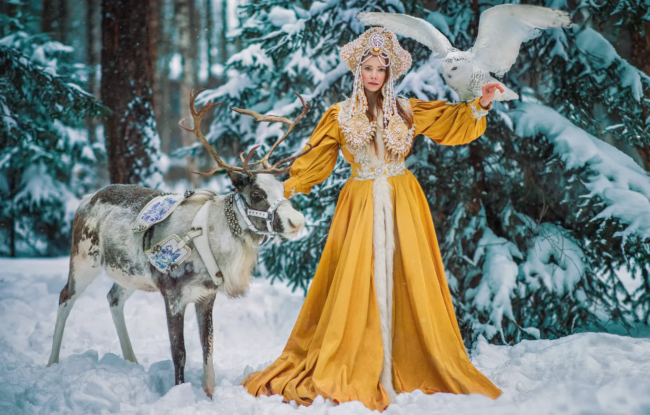 Photo wallpaper winter, forest, girl, snow, owl, bird, deer, dress