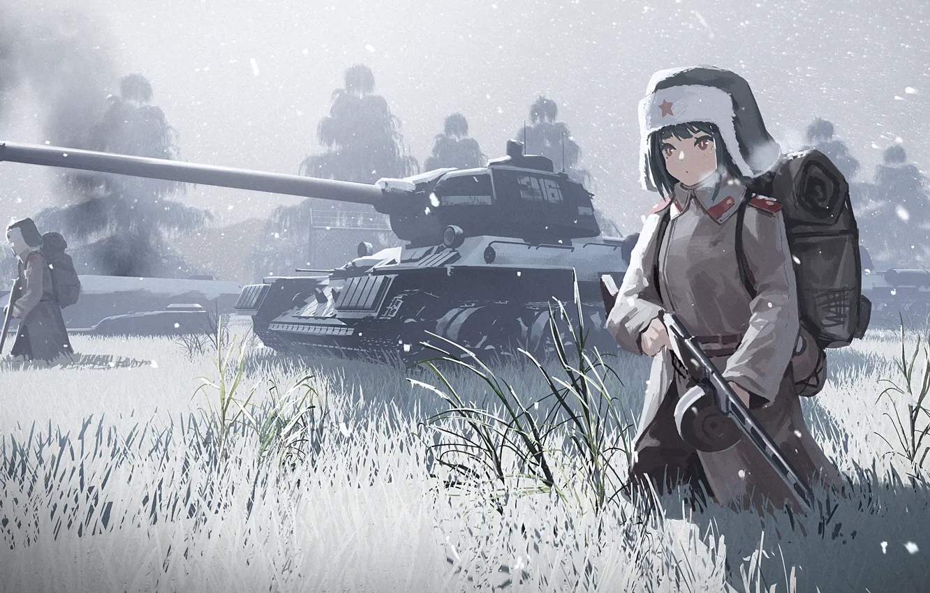 Photo wallpaper winter, girl, snow, war, anime, machine, tank, USSR