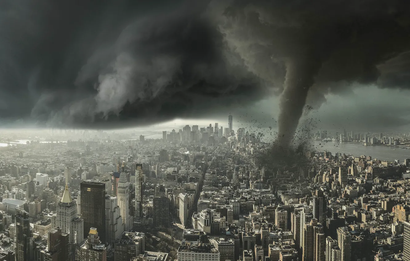 Photo wallpaper clouds, the city, rendering, the wind, danger, element, Apocalypse, building