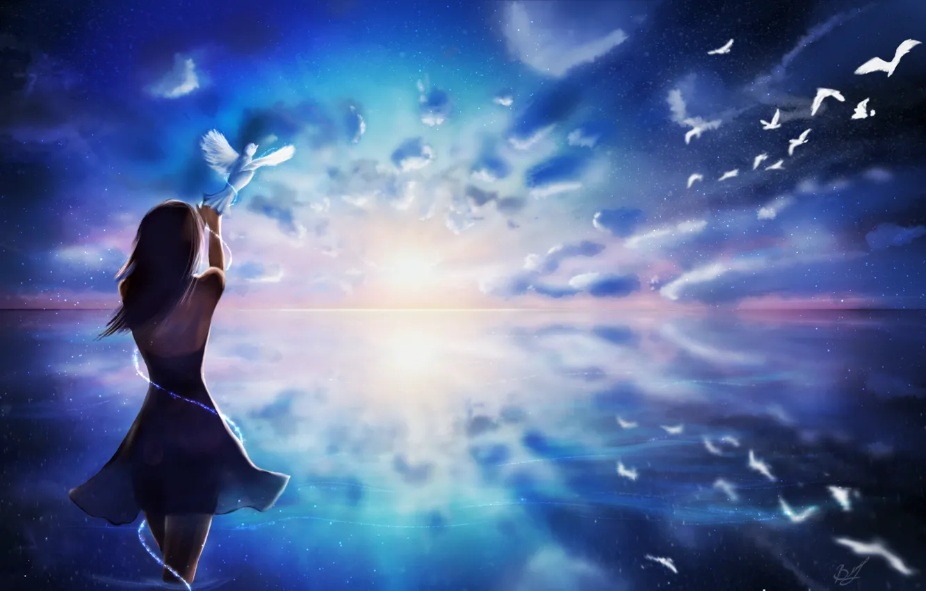 Photo wallpaper the sky, water, girl, clouds, hair, back, hands, dress