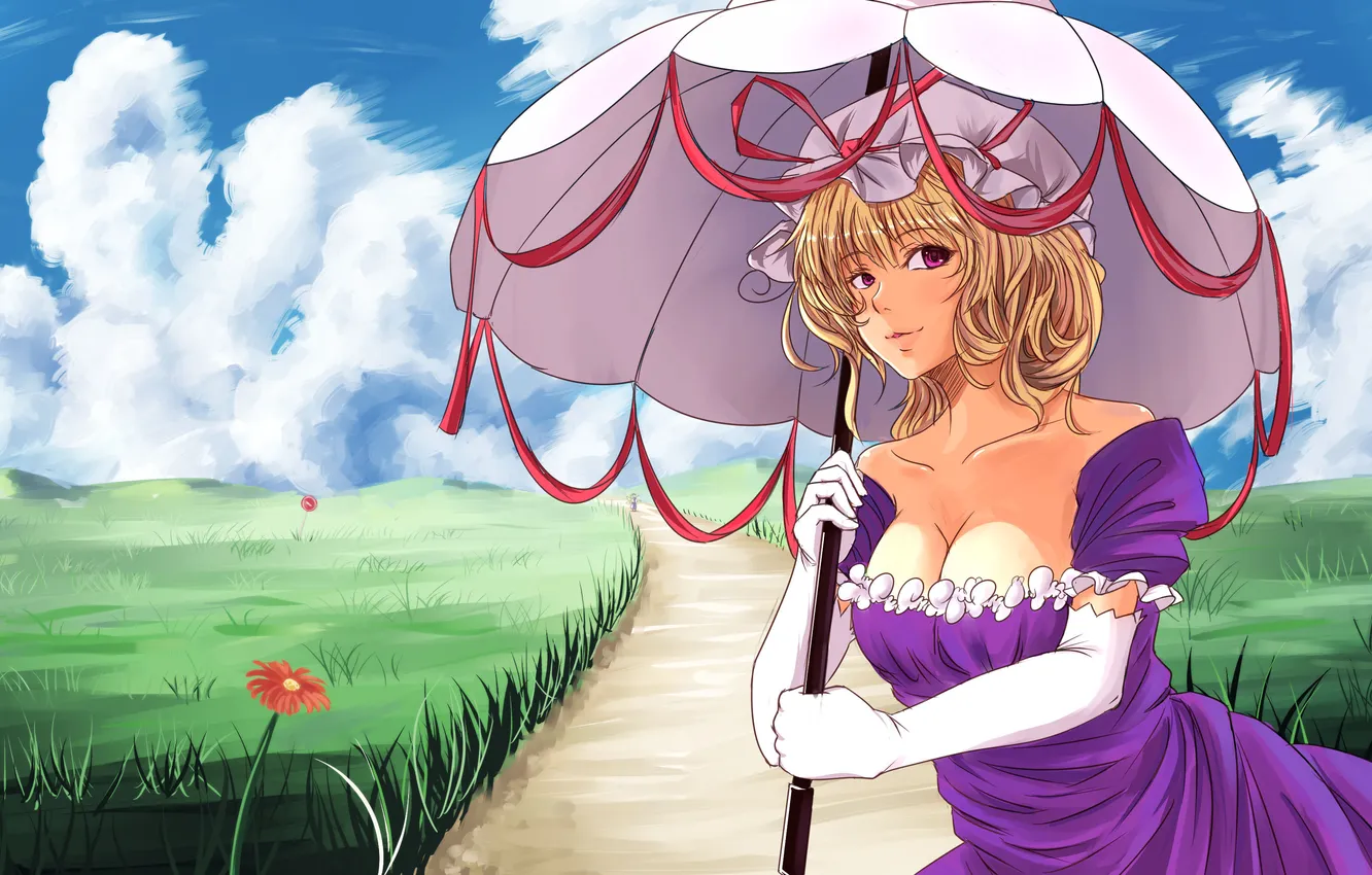 Photo wallpaper summer, girl, clouds, landscape, flowers, umbrella, umbrella, art