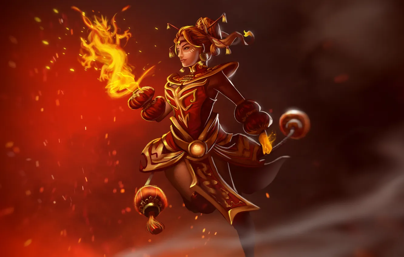 Photo wallpaper girl, decoration, flame, magic, dress, sparks, DotA, Defense of the Ancients