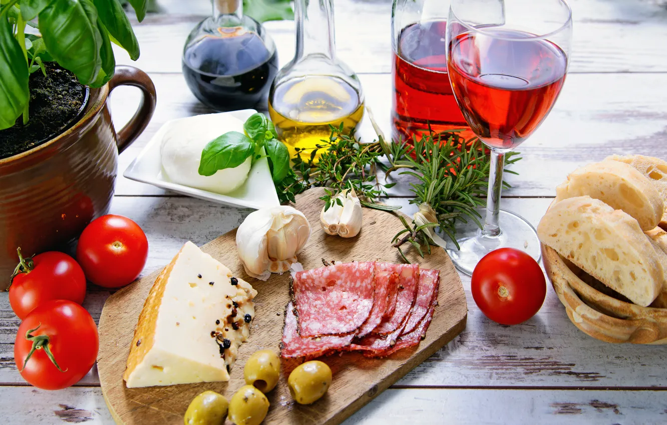 Photo wallpaper wine, red, glass, bottle, oil, food, cheese, bread