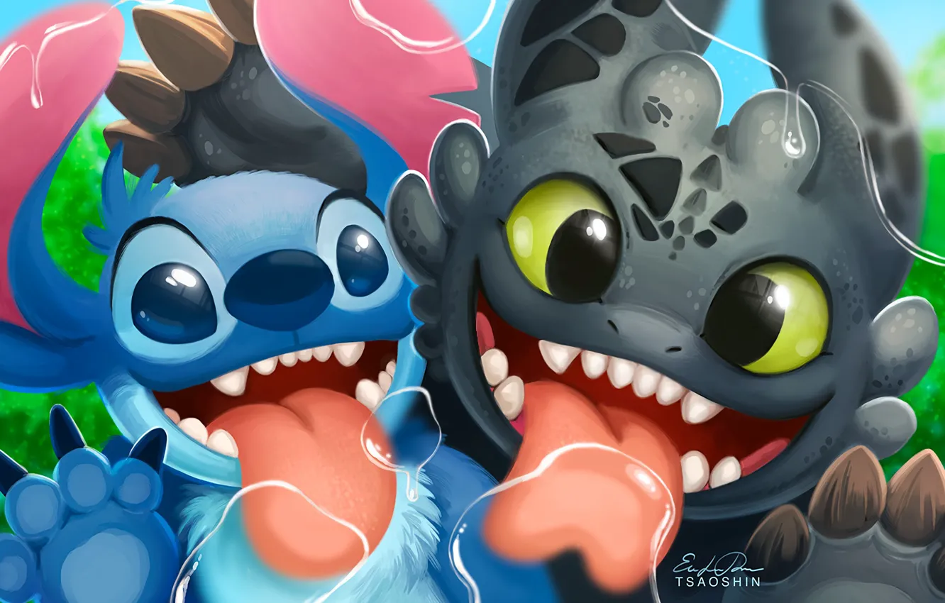 Photo wallpaper kawaii, alien, cartoon, crossover, Stitch, cute, How to Train Your Dragon, animated movie