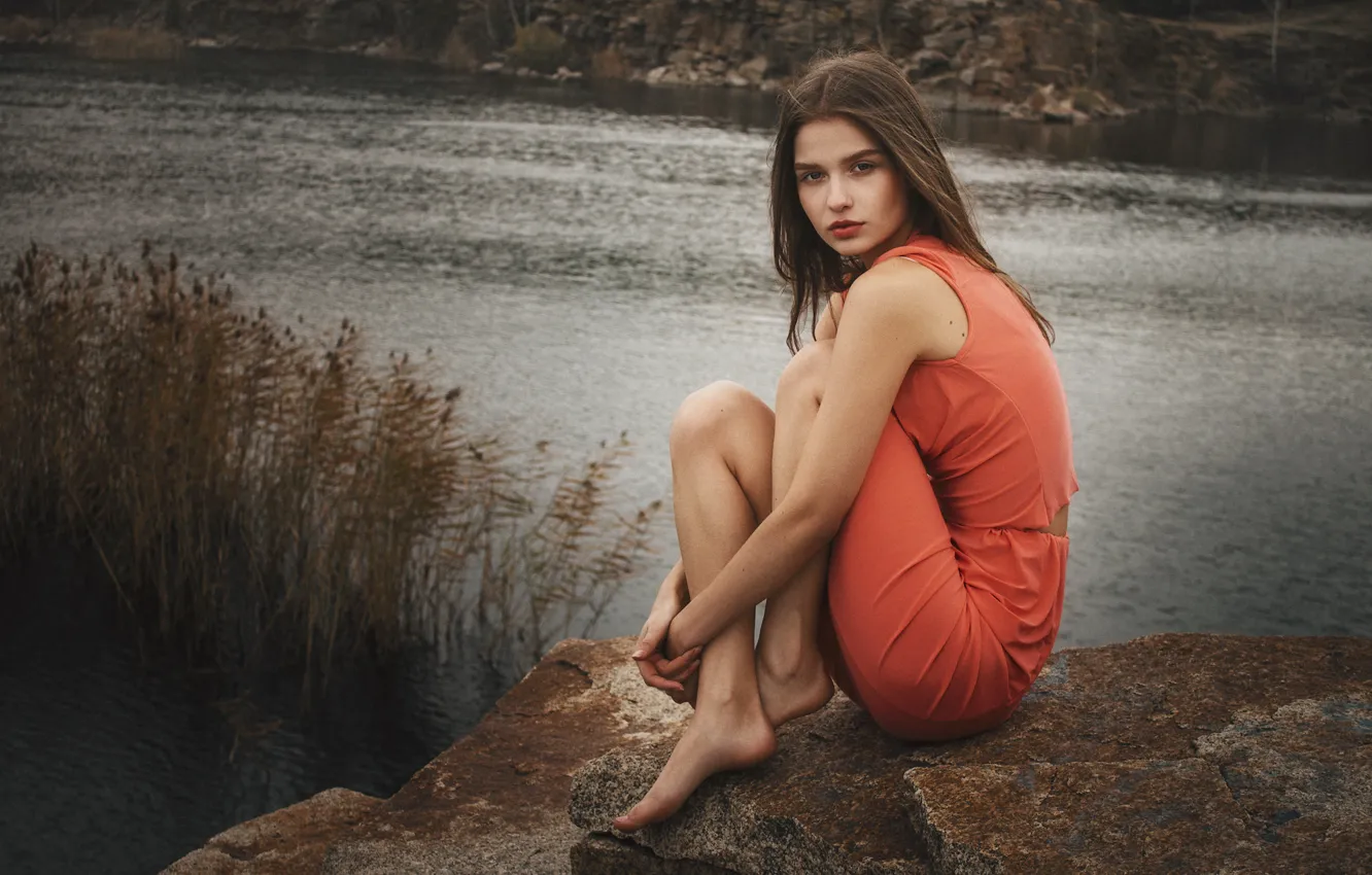 Photo wallpaper autumn, look, girl, nature, face, pose, lake, stones
