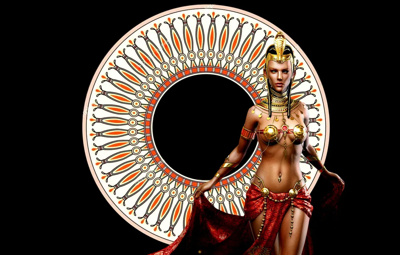 Photo wallpaper girl, decoration, ornament, black background, Egyptian