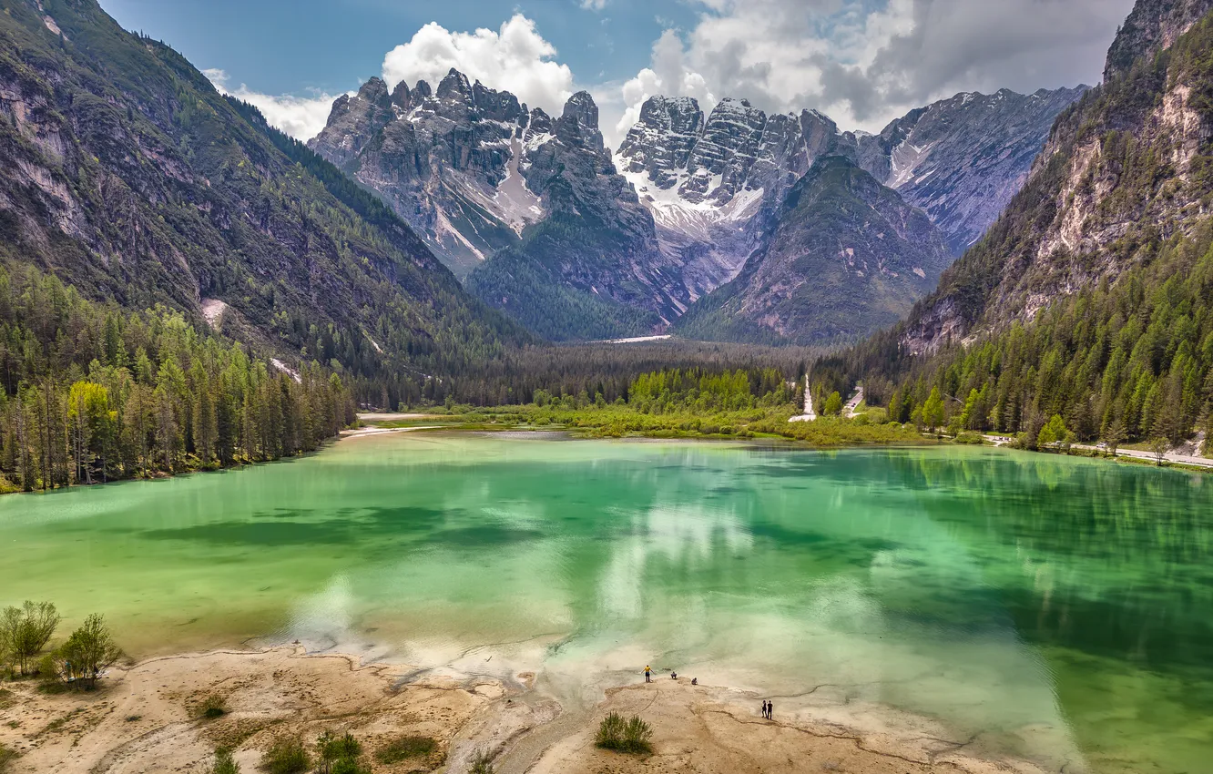 Photo wallpaper mountains, lake, rocks